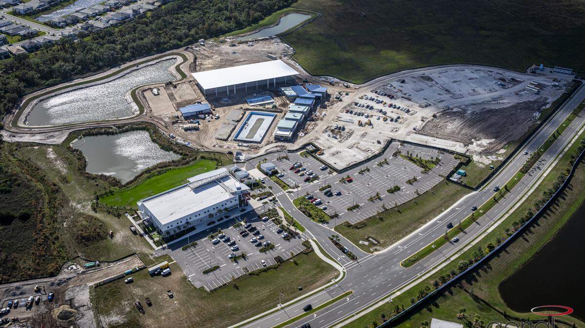An overhead view of the Athletics & Aquatics Center coming to the new Premier Sports Campus North in September 2026. The 44,000-square-foot facility is an expansion project that will feature two swimming pools and 24 pickleball courts.