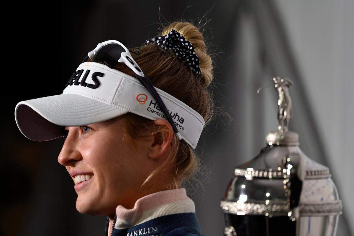 Nelly Korda talks to the media following her one-stroke win at the LPGA Pelican Women’s Championship golf tournament at Pelican Golf Club, Sunday, Nov. 14, 2021, in Belleair, Fla. (AP Photo/Steve Nesius)
