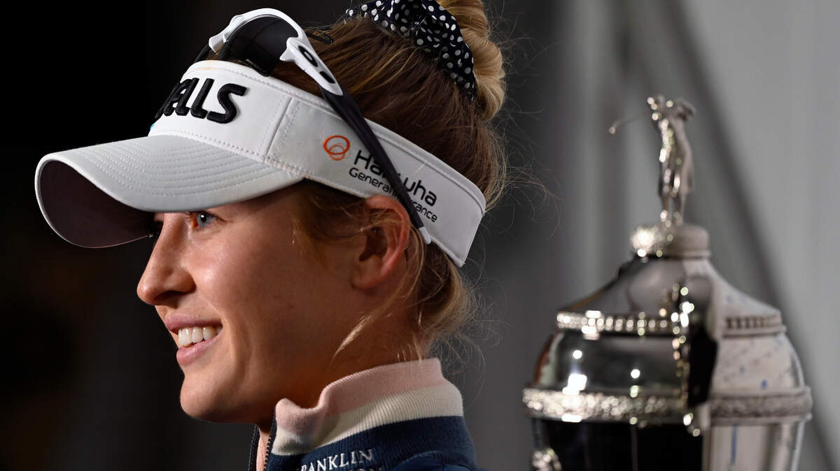 Nelly Korda talks to the media following her one-stroke win at the LPGA Pelican Women’s Championship golf tournament at Pelican Golf Club, Sunday, Nov. 14, 2021, in Belleair, Fla.