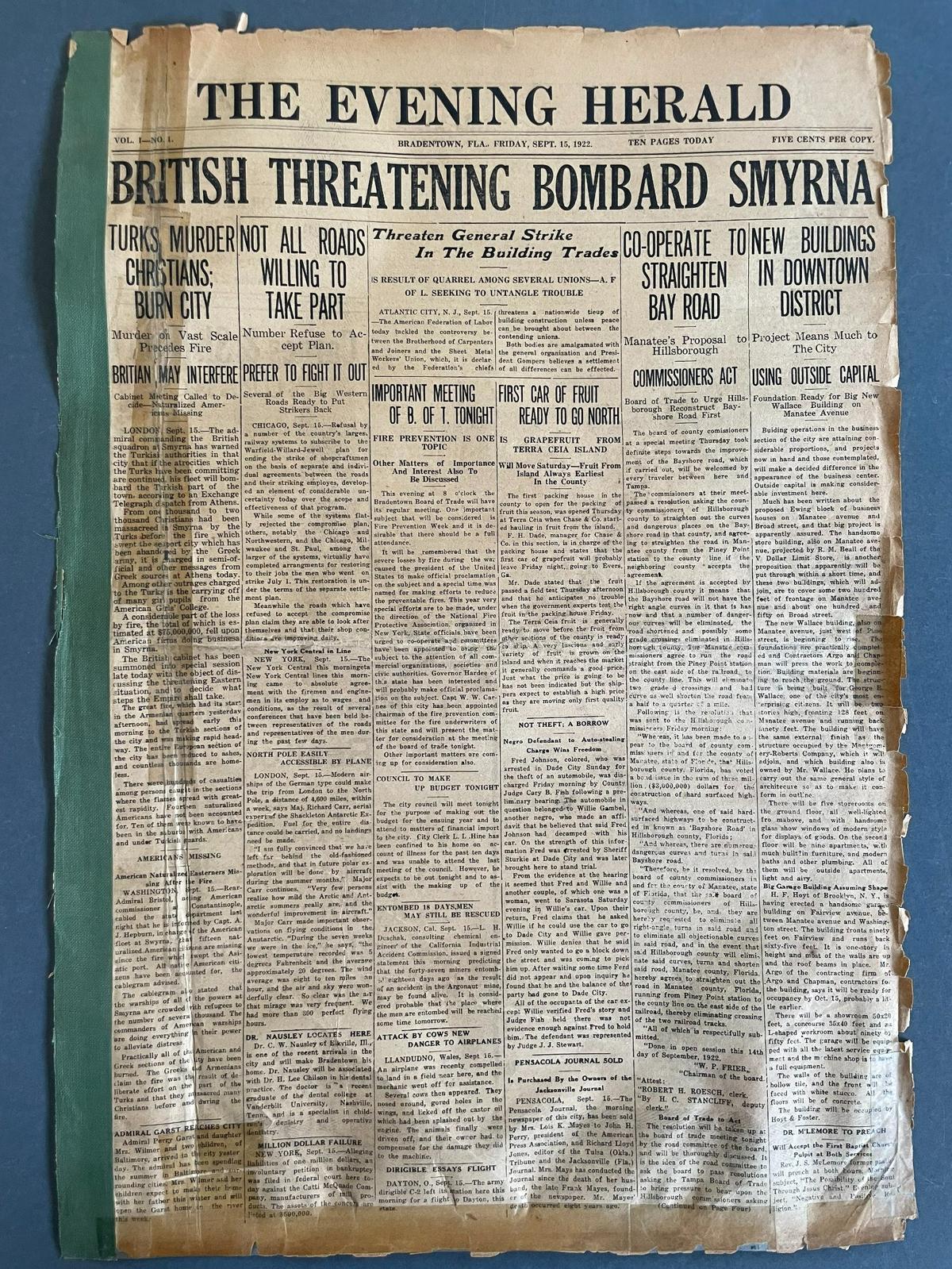 The very first edition of The Evening Herald, now the Bradenton Herald, was published Sept. 15, 2022. Historic front pages can be seen in person at the Manatee County Historical Records Library in downtown.