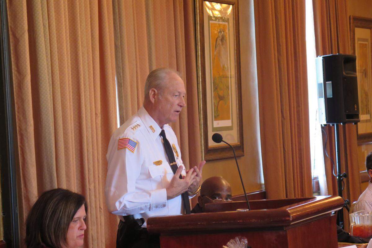 Bradenton Police Chief Michael Radzilowski spoke Thursday at the Manatee Tiger Bay Club during its panel discussion on “Avoiding the Pressure Cooker: Race Relations and Law Enforcement.”RICHARD DYMOND/Bradenton Herald