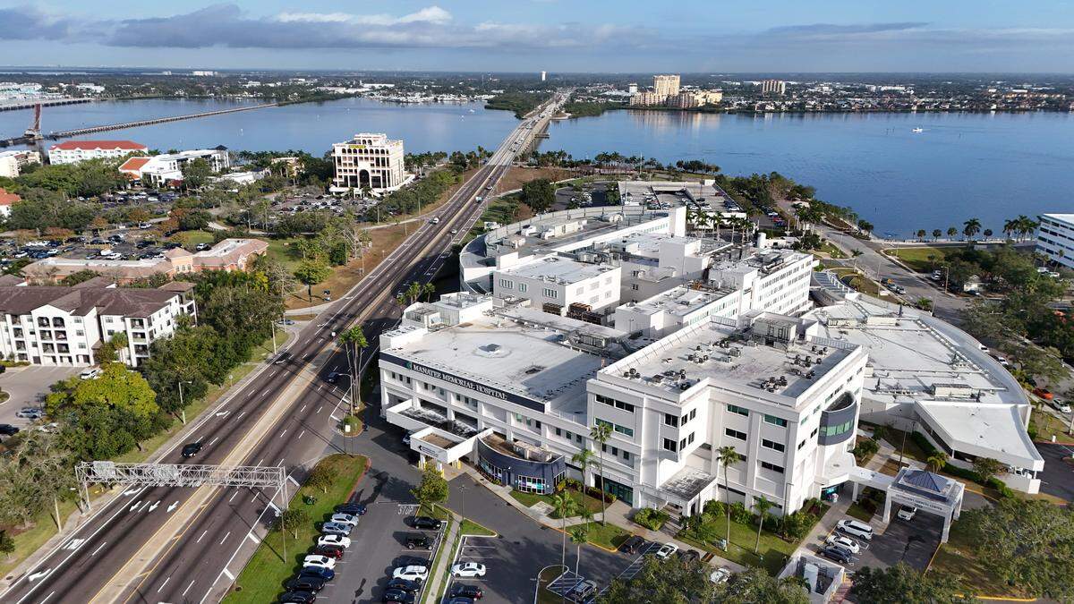 Manatee Memorial Hospital, First Street, and DeSoto Bridge looking north towards the Manatee River, on Dec. 11, 2025.