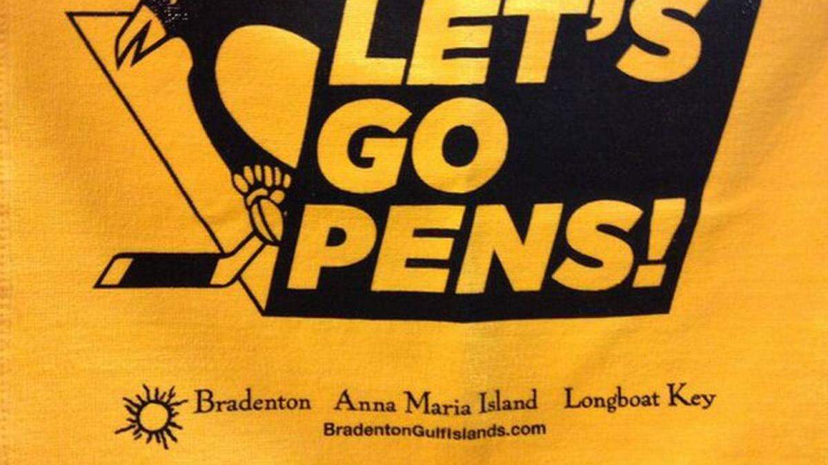 An online brouhaha was ignited when a Pittsburgh Penguins tweet thanked the Bradenton CVB for providing towels for a team rally. The yellow rally towels intended for fans had "Let's Go Pens!" superimposed over the image of a mascot Penguin holding a hockey stick. Underneath in smaller script, the words Bradenton, Anna Maria and Longboat Key were listed along with the BradentonGulfIslands.com web address.