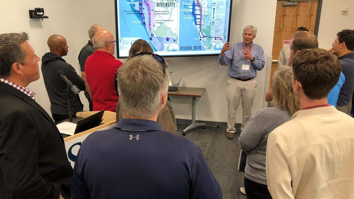 Chris Sinclair was keynote speaker Monday at the Transform Tomorrow forum at State College of Florida. The community vision for traffic flow for the two-county area over the next 50 years was presented during the program.