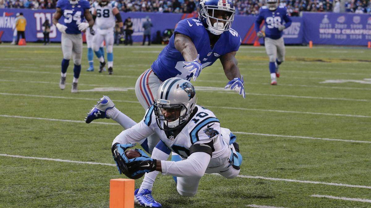 Carolina Panthers receiver Corey Brown dives toward the end zone as New York Giants cornerback Dominique Rodgers-Cromartie forces him out of bounds during Sunday's game in East Rutherford, N.J. ASSOCIATED PRESS