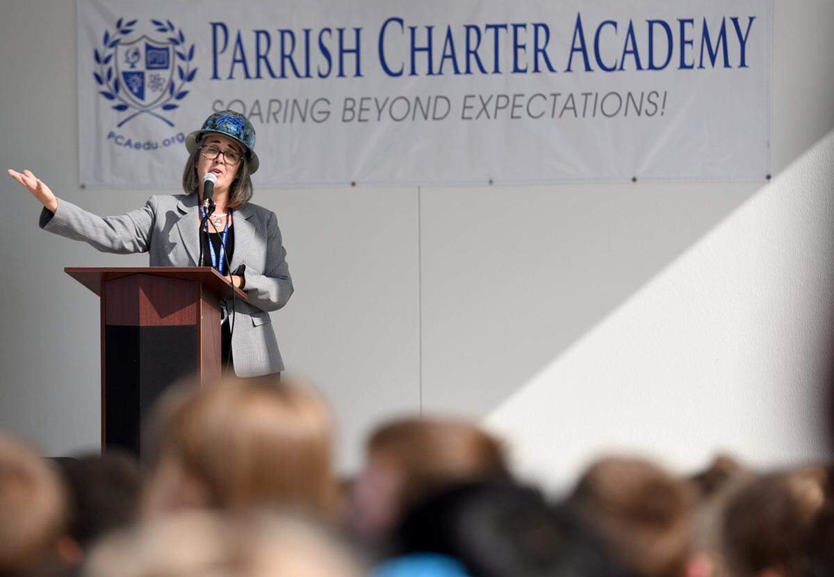 Principal Dawn Patterson welcomed students and parents at the 2019 ribbon cutting ceremony for the Parrish Charter Academy.