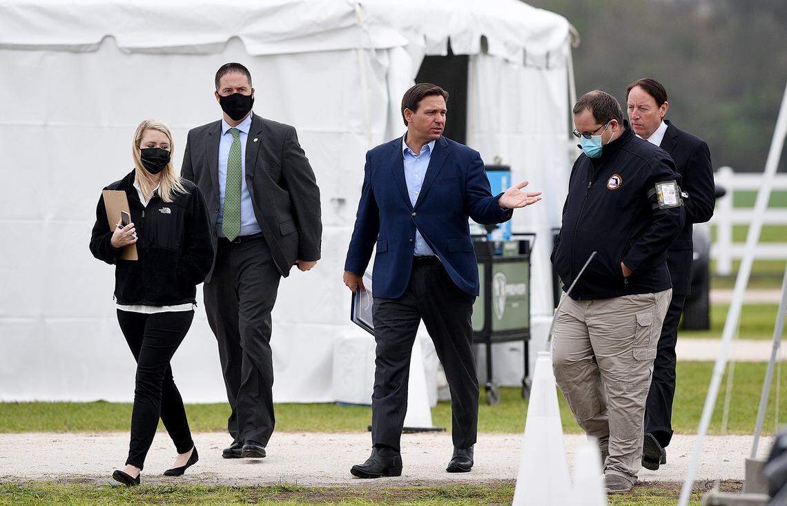 02/17/21--Gov. Ron DeSantis made a stop in Manatee County on Feb. 17 to host a press conference at the Lakewood Ranch pop-up COVID-19 vaccination site aimed at inoculating more senior citizens. DeSantis faced criticism over the site, which stands to vaccinate some of Manatee’s wealthiest residents.