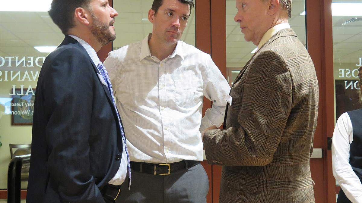 Manatee Chamber of Commerce board president Jonathan Fleece, left, and Inspiration Academy board member Ciaran Dwyer, center, take part in a conversation at a kickoff event for the newly formed Suncoast Center for Entrepreneurship. MATT M. JOHNSON/Bradenton Herald