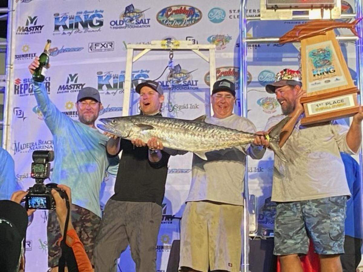 Team Lagerhead shows off their winning 38.87-pound king mackerel at the 28th annual&nbsp;Old Salt Spring King of the Beach Fishing Tournament on April 30, 2022. 