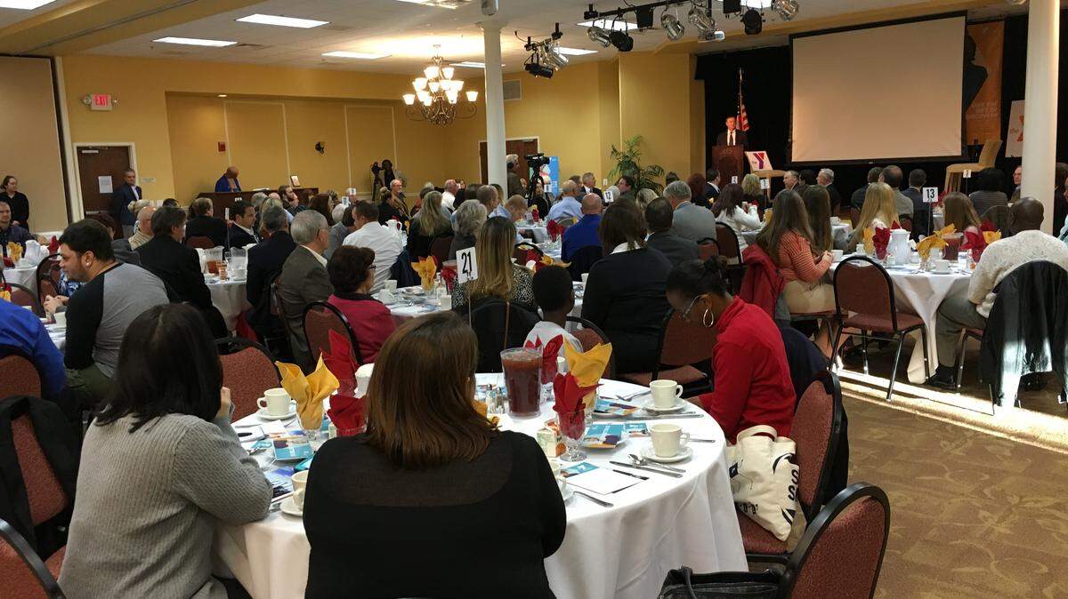 Sean Allison, CEO and President of Manatee YMCA, speaks to a crowd of about 200 people at the annual Kickoff Campaign Breakfast at the Renaissance on 9th Thursday morning. KATE IRBY/Bradenton Herald