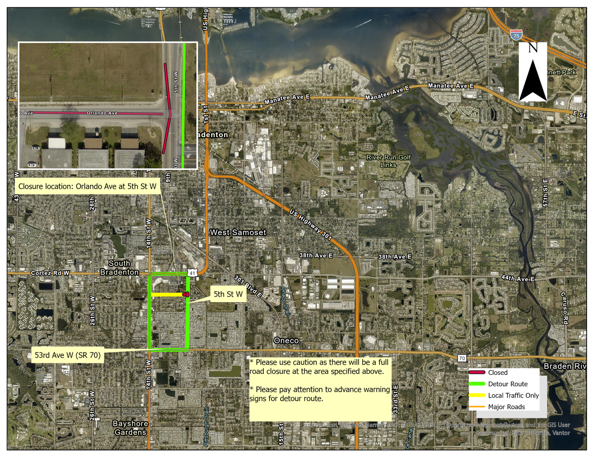 Orlando Avenue at Fifth Street West in Bradenton will be closed Feb. 26–March 26 for Cedar Cove utility roadwork.