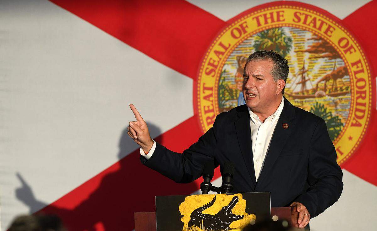 Florida CFO Jimmy Patronis delivers remarks before Gov. Ron DeSantis’ took the stage in Sarasota in November 2022.