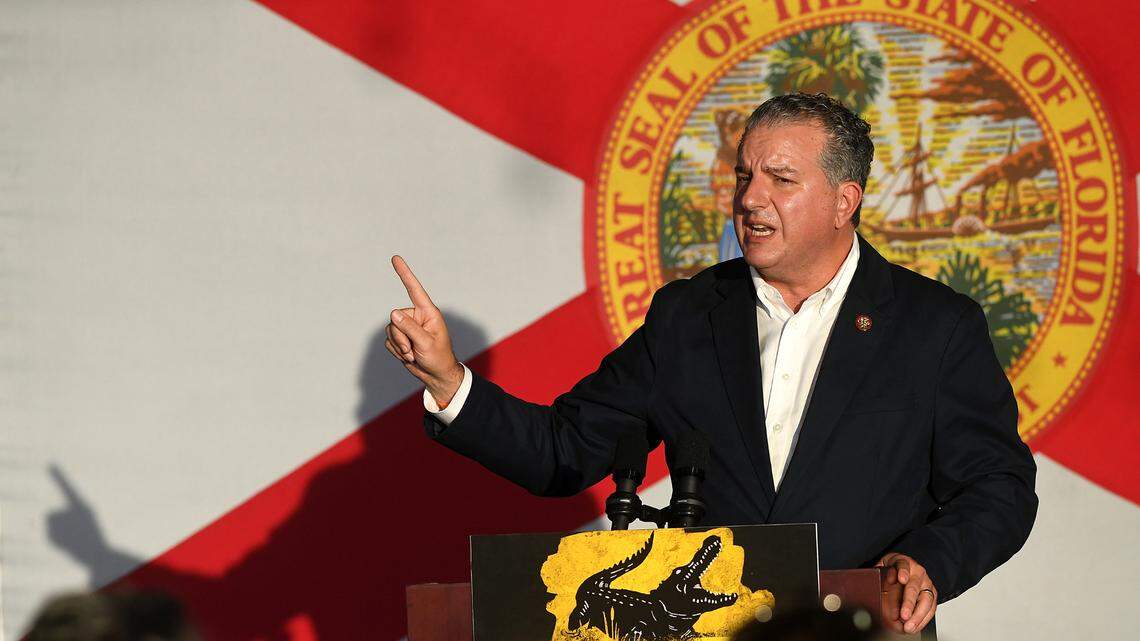 Florida CFO Jimmy Patronis delivers remarks before Gov. Ron DeSantis took to the stage during his Don’t Tread on Florida Tour in Sarasota on Nov. 6, ahead of the Nov. 8 midterm election.