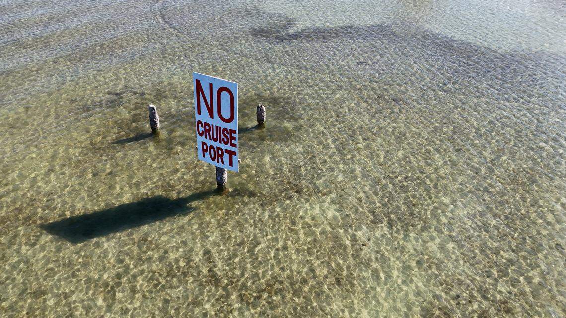 A “No cruise port” sign is pictured at Paradise Island near the Knott-Cowen tract on Feb. 9, 2026. After companies SSA Marine and Slip Knott LLC proposed building a cruise ship terminal on the Knott-Cowen tract adjacent to the Terra Ceia Aquatic Preserve, Florida lawmakers passed a bill to prevent it. Some critics say it didn’t go far enough. 