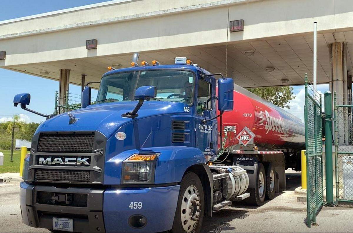A tanker truck carrying some of the 400 million gallons of fuel annually moving through Port Manatee exits the port en route to a Southwest Florida convenience store.