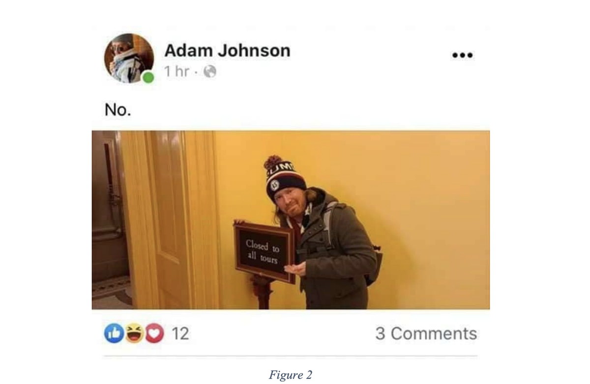 A Facebook screenshot featured in the F.B.I. arrest warrant for Adam Johnson.