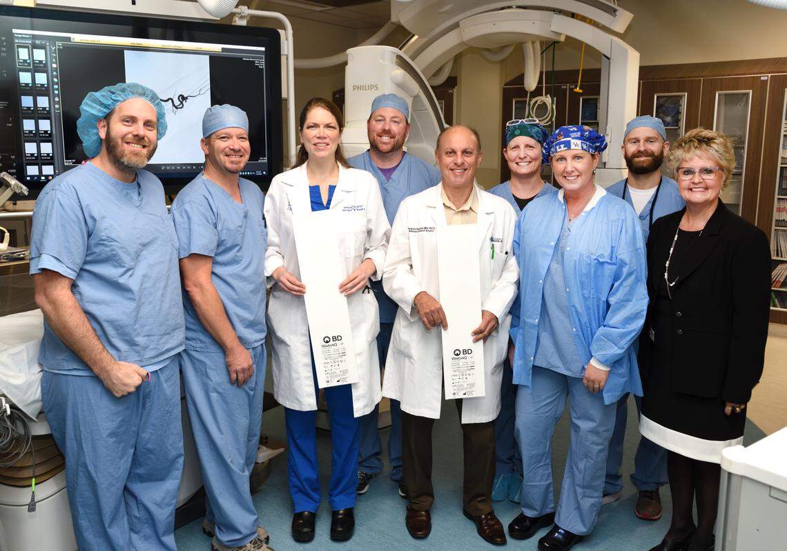 The team that performed the first nonsurgical procedure on Florida’s west coast to prepare a patient for dialysis is shown above at Manatee Memorial Hospital.