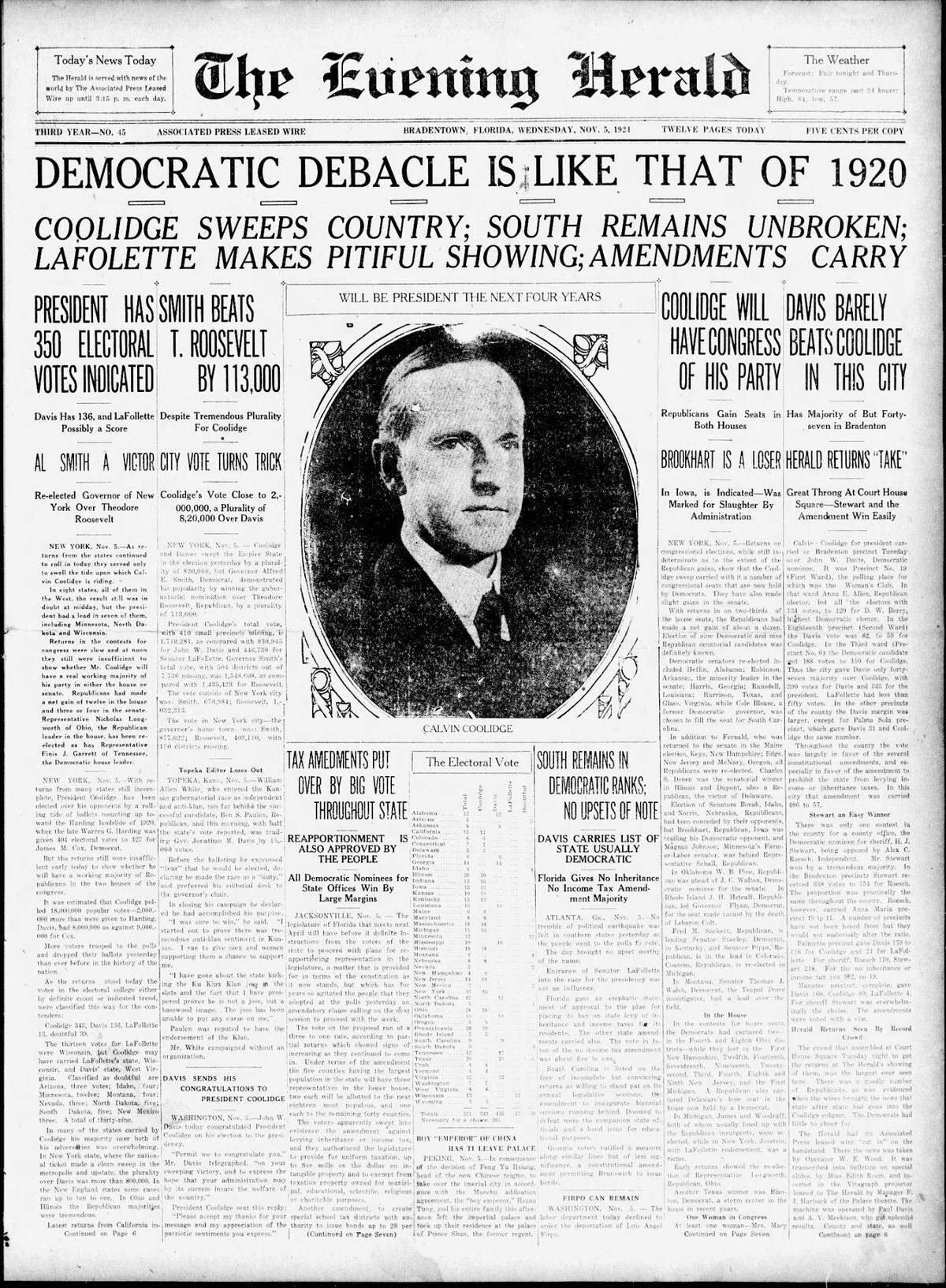 Front page of the Evening Herald, Nov. 5, 1924
