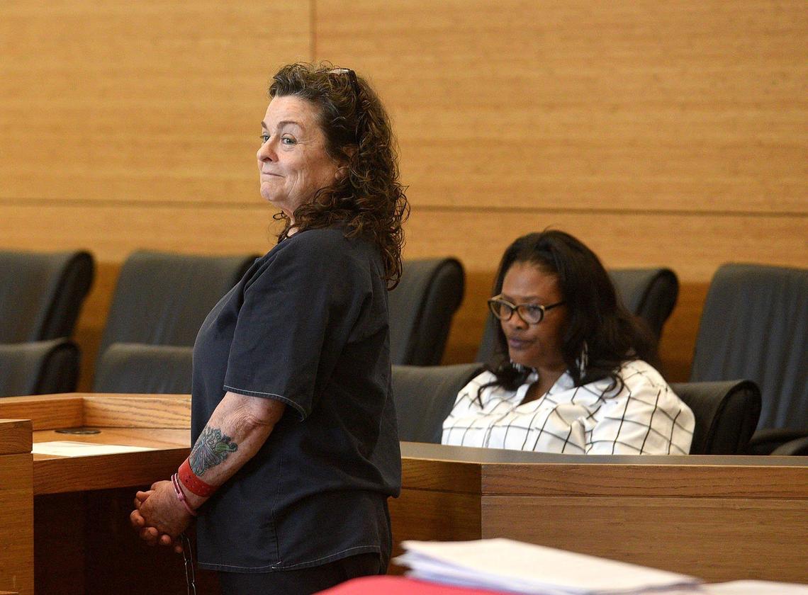 Misty Whitely, 56, stands in court to plead ‘no contest’ to killing her neighbor, 82-year-old Zelma Huddleston in Oct. of 2017.