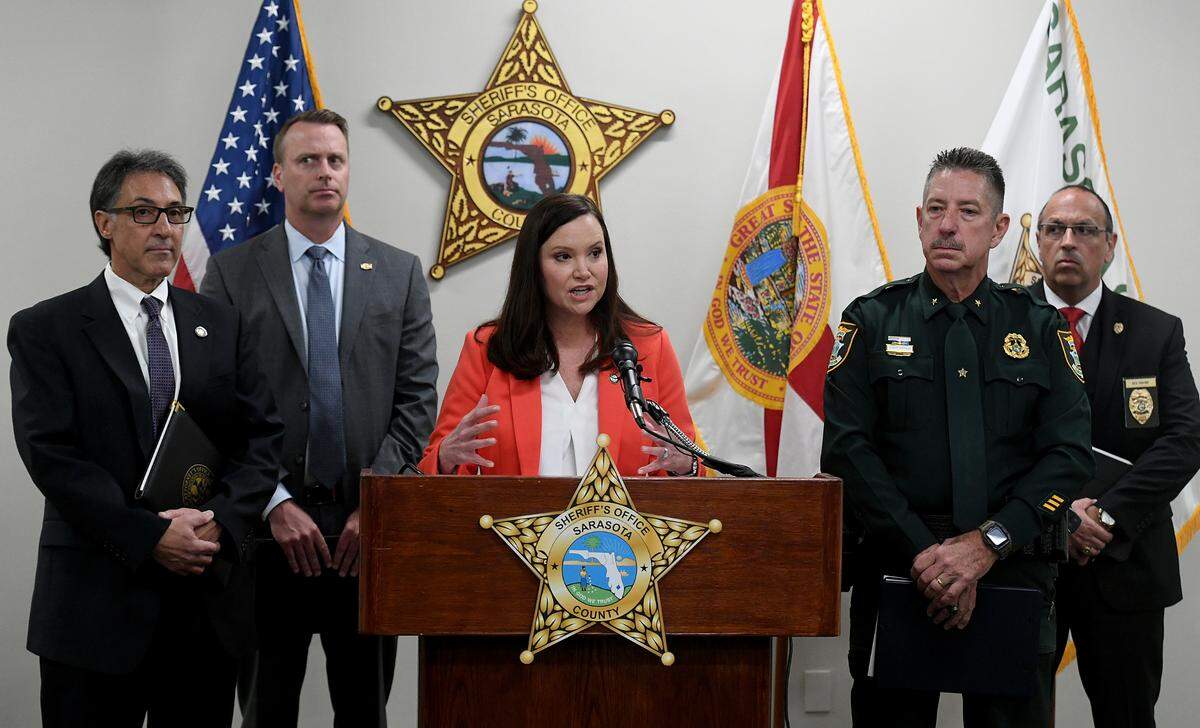 Attorney General Ashley Moody along with (from left) State Attorney Ed Brodsky, FDLE SAC Eli Lawson, Sarasota County Sheriff Kurt Hoffman and Sarasota Police Chief Rex Troche held a press conference in Sarasota to warn people of the dangers of the drug xylazine, also known as tranq, which is growing rapidly in popularity among drug users.