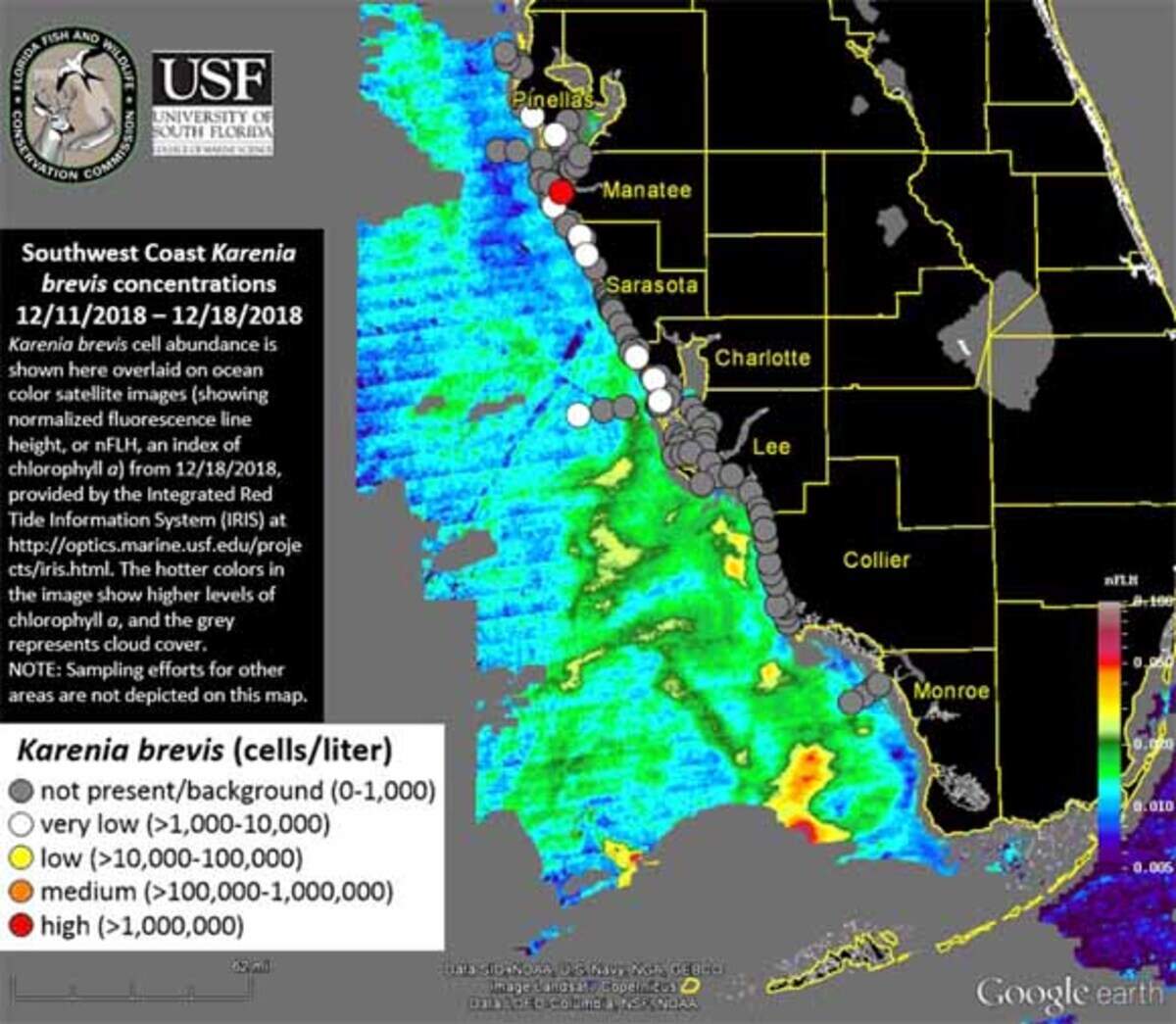 A map depicts red tide concentrations in Southwest Florida between December 11 and December 18, 2018.