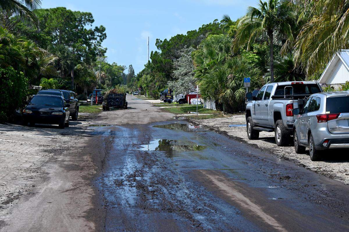 Muddy streets along the northern end of Anna Maria Island after Hurricane Idalia passed on August 31, 2023.