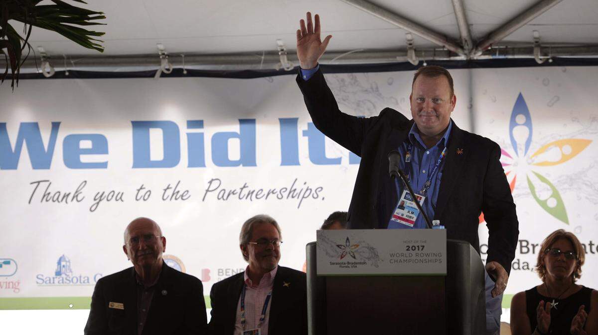 Paul Blackketter, president of SANCA, speaks during a press conference Wednesday at Nathan Benderson Park. The park was selected by the International Federation of Rowing Associations to host the 2017 World Rowing Championships. 
 GRANT JEFFERIES/Bradenton Herald