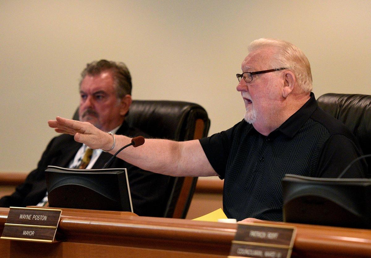 Mayor Wayne Poston reacts to a member of the audience speaking out of turn during the Bradenton City Council meeting Wednesday, May 22.