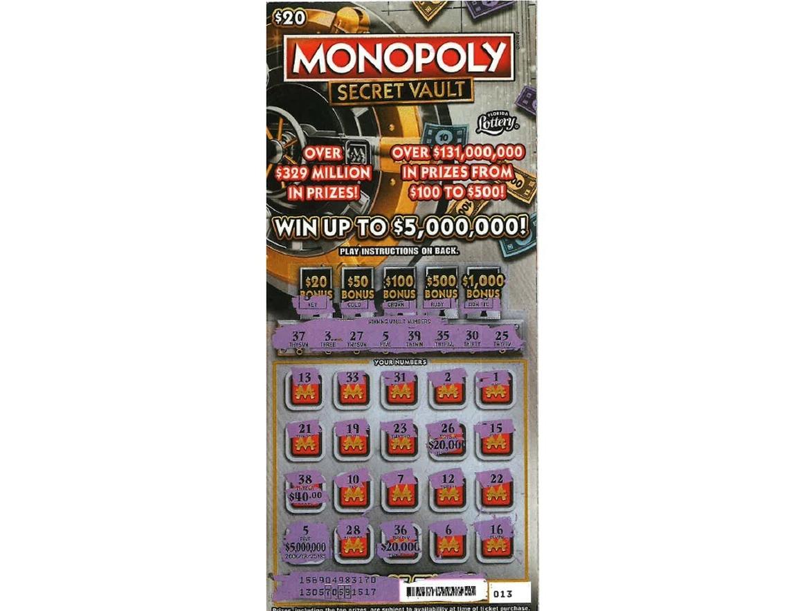 An Ellenton woman won a $5 million top prize with this ticket in the “MONOPOLY SECRET VAULT” scratch-off game, according to the Florida Lottery.