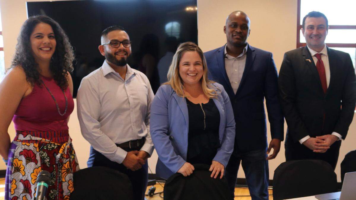 Taking part in the Manatee Tiger Bay Club discussion this week were millennials, from left: Evelyn Almodóvar, president of the Democratic Party of Manatee County; Cesar “CJ” Garcia, president, Bold Voters; Grace Reeves, attorney, no party affiliation; Marcus Davenport, right-wing progressive and Nathan Knight, president of the Manatee County Young Republicans.
