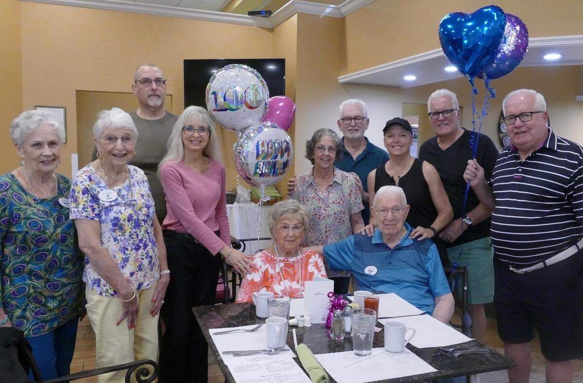 Milton and Jeannie Dahler celebrated their 100th birthday together on 2/22/22. The couple has lived in Bradenton since 2004. Above is a photo of the couple gathered with their sons, granddaughter, and friends from Freedom Village where they had cupcakes and ice cream.