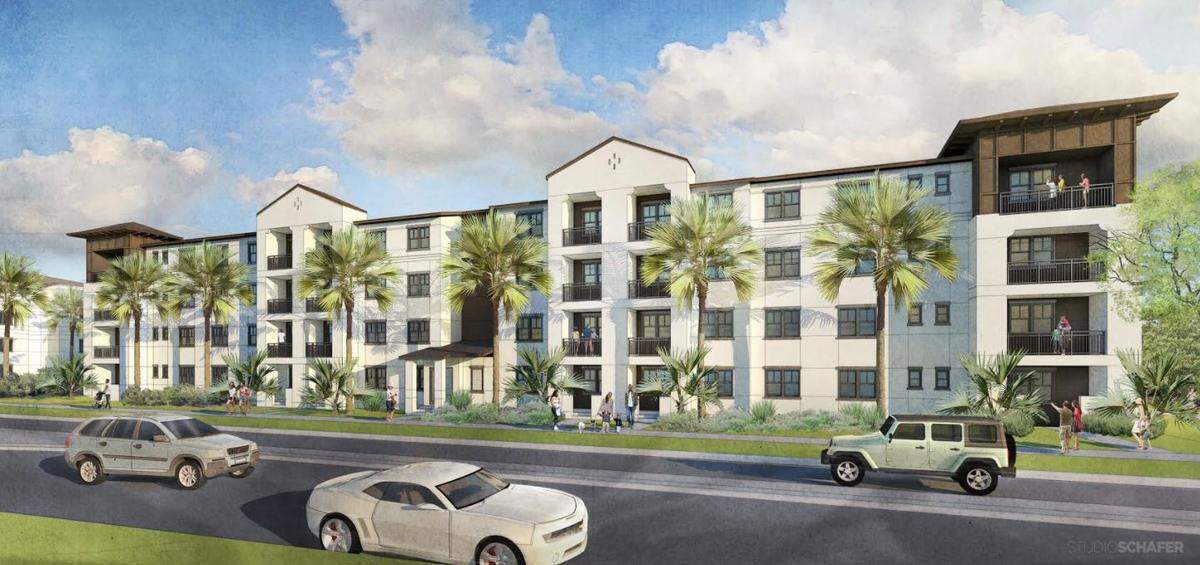 A rendering of one of multiple four-story buildings that will make up the 302-unit luxury Allure Bradenton apartment complex at 102 Manatee Avenue West.