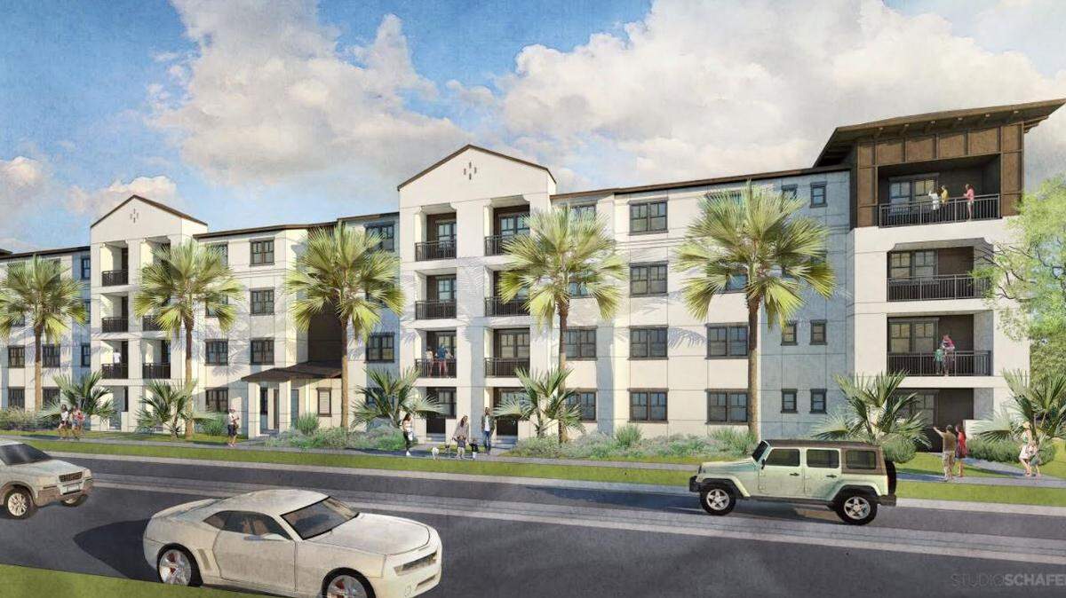A rendering of one of multiple four-story buildings that will make up the 302-unit luxury Allure Bradenton apartment complex at 102 Manatee Avenue West.