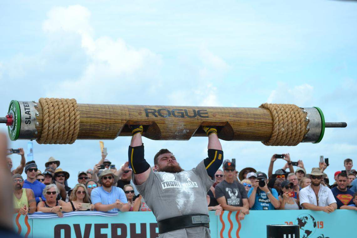 Texan native Trey Mitchell competing in the overhead medley challenge at the 2019 World’s Strongest Man competition.