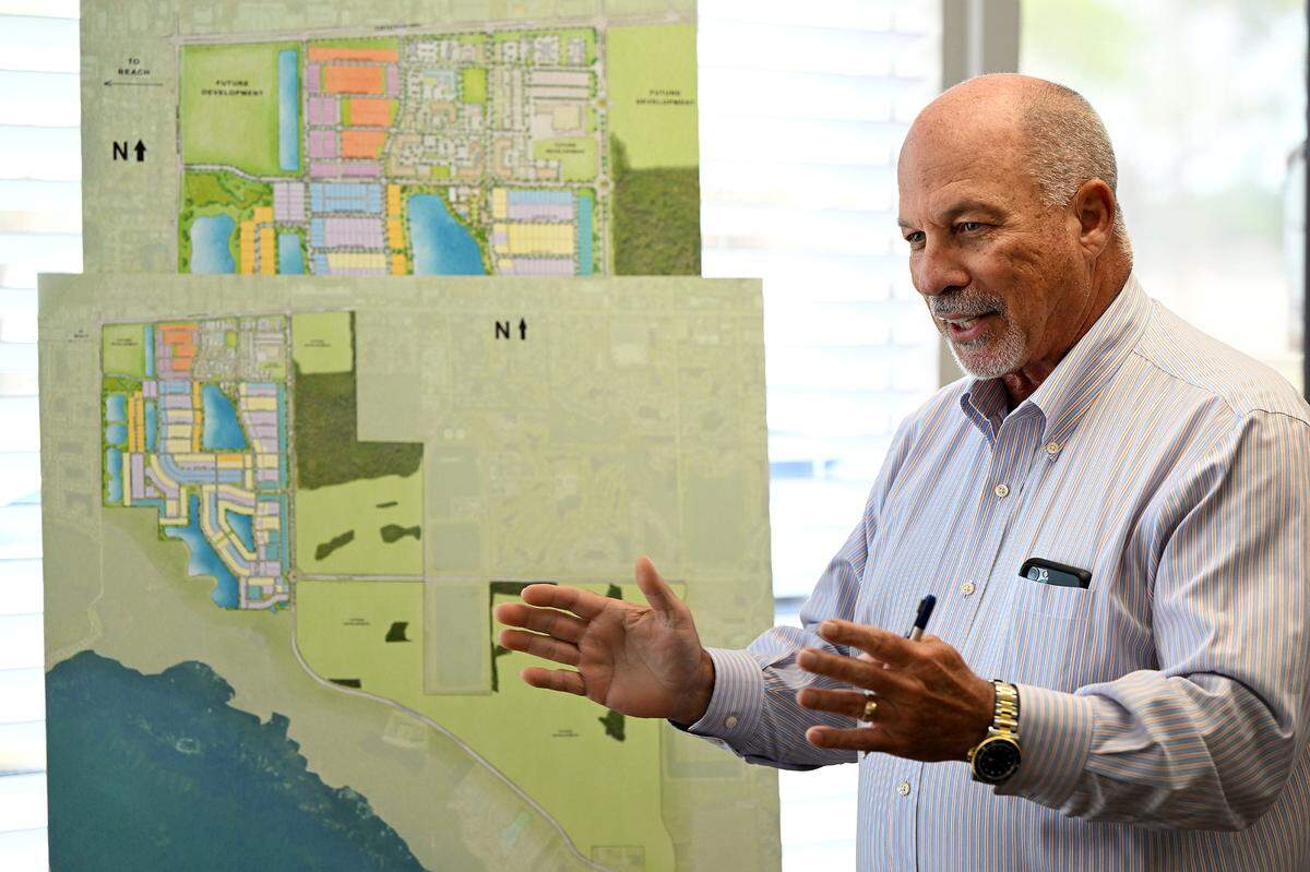 Edward Hill, managing director of the Lake Flores Land Company, gives an update on the construction of land along Cortez Road and 75th Street West, now to be called SeaFlower on Tuesday, May 21, 2024.