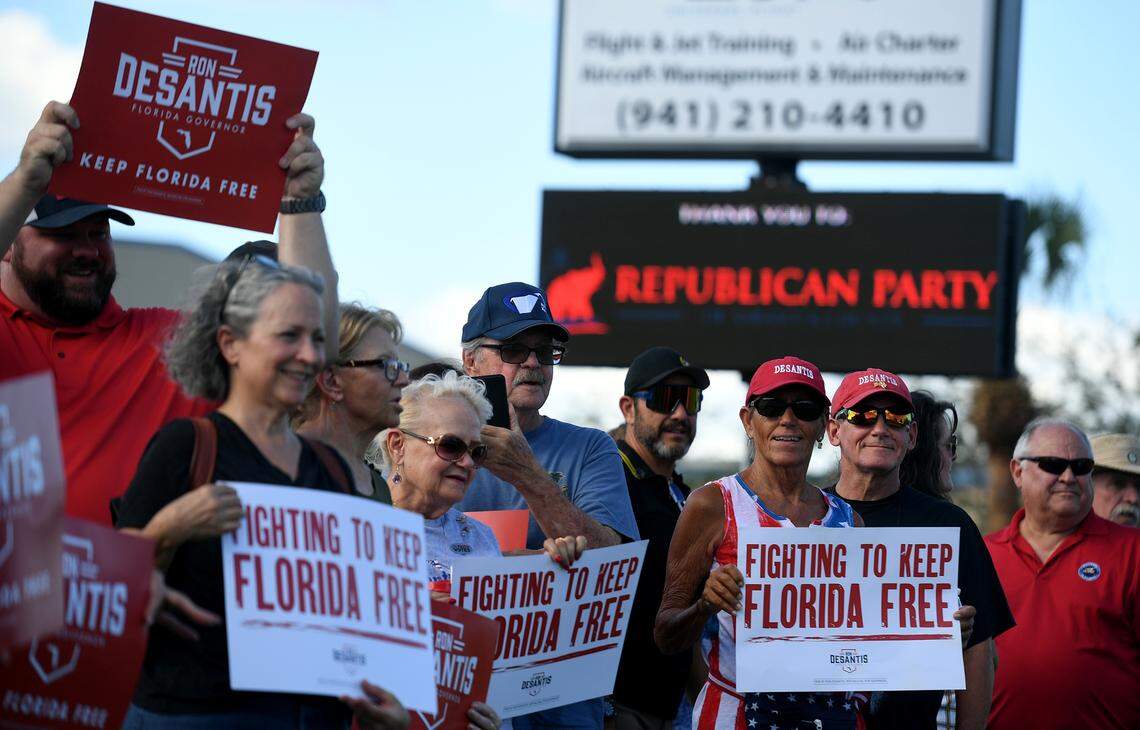 Supporters line up to see Gov. Ron DeSantis on his Don’t Tread on Florida Tour in Sarasota on Sunday, Nov. 6.