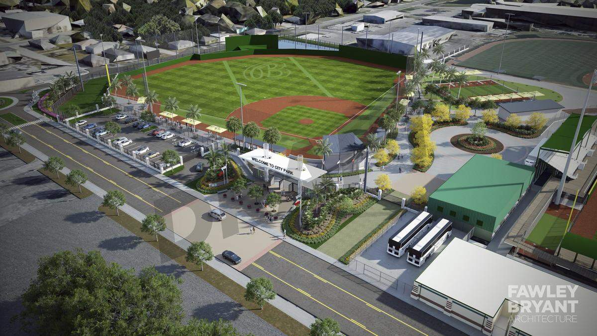 A rendering shows Bradenton’s City Park, which will include new baseball fields, a football field, a “Miracle Field” and a community resource center. Construction is set to begin in May 2026. 