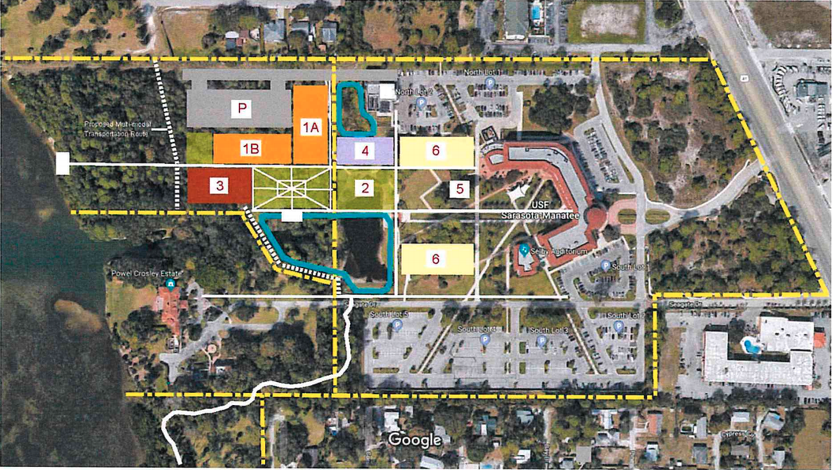 A University of South Florida Sarasota-Manatee conceptual plan shows that the university hopes to build two student housing dormitories (orange), a Hospitality Academic Lab (red) and a new Student Life Quad area (green) on nine acres of land that will be donated from county-owned land at the Powel Crosley Estate.