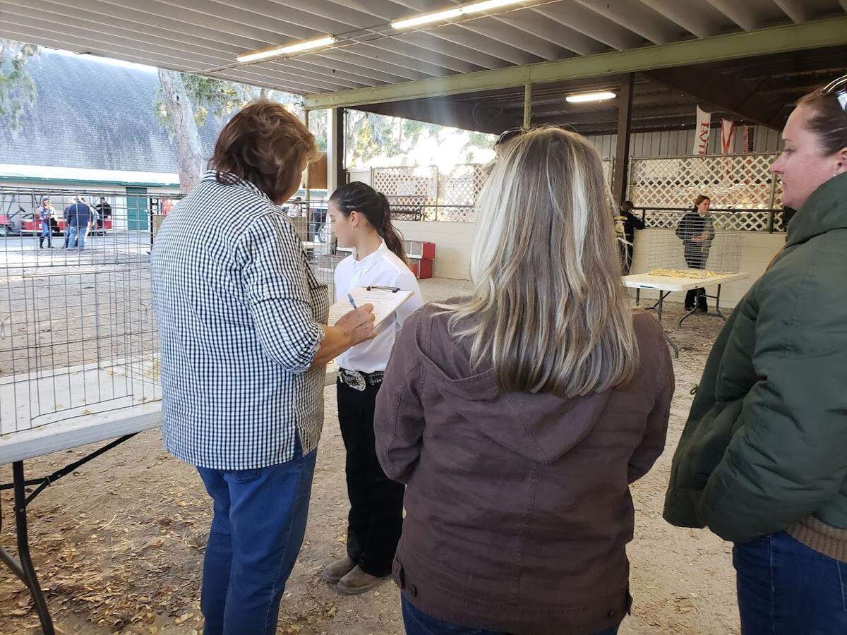 Nine-year-old Kaylee Reid answers a judge’s questions during Monday’s Poultry Showmanship event at the Manatee County Fair.