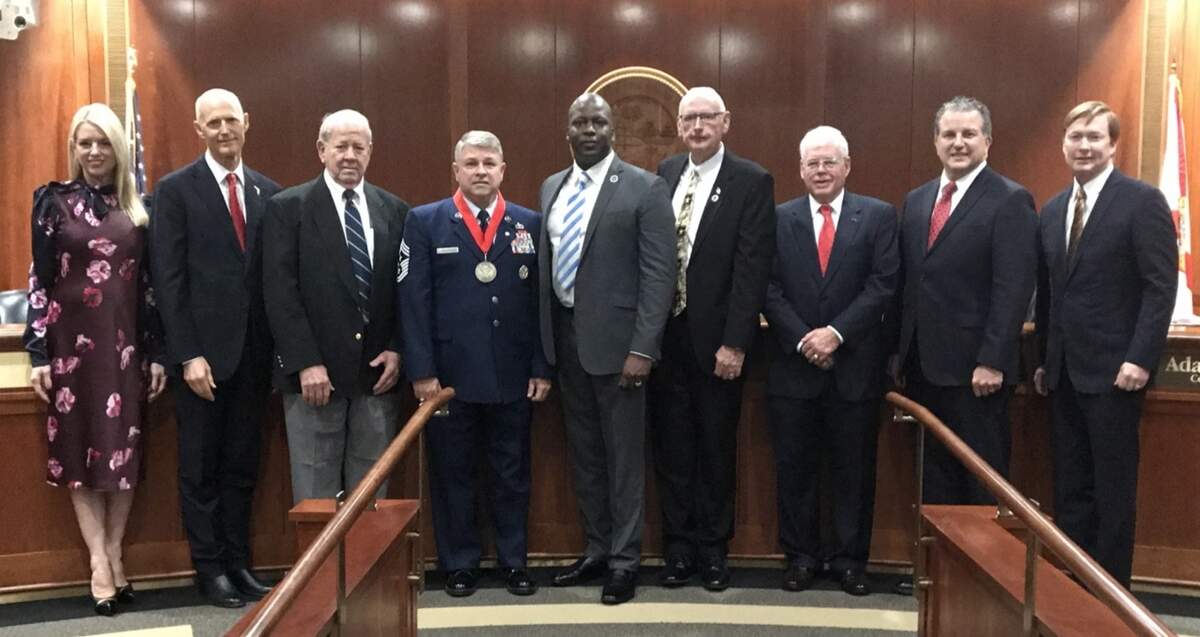 Carl Hunsinger has been inducted into the Florida Veterans Hall of Fame. He is shown above with Lee Washington, Manatee County veterans service officer, Gov. Rick Scott, and the Florida Cabinet. Hunsinger is retired from 30 years service in the U.S. Air Force, and is a tireless advocate for the Manatee County veterans community,