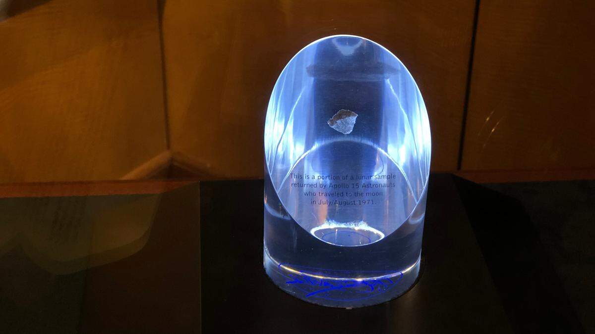 8/4/2021--A fragment of moon rock contained in astronaut Jim Irwin’s NASA Ambassador of Exploration Award almost seems to float in space. The award is on display at The Bishop Museum of Science and Nature in Bradenton.