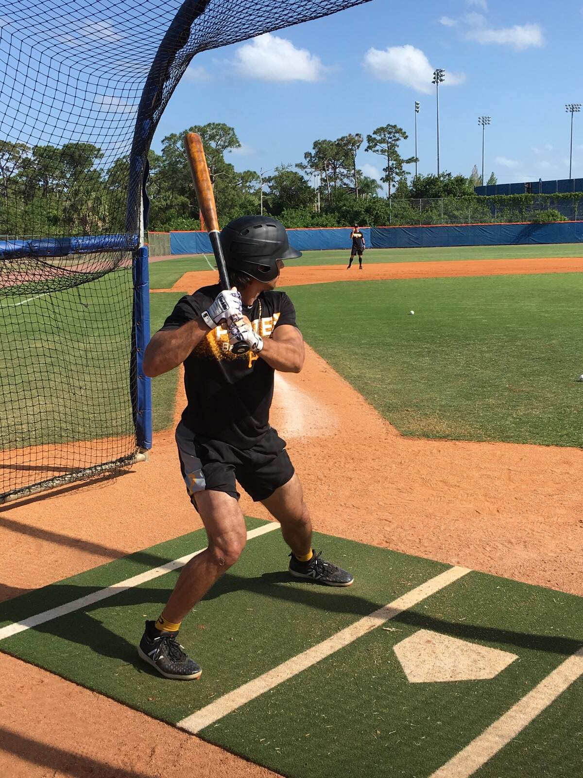 Tyler Gaffney hits on the back fields in Port St. Lucie prior to the Bradenton Marauders’ game on Friday night against the St. Lucie Mets.