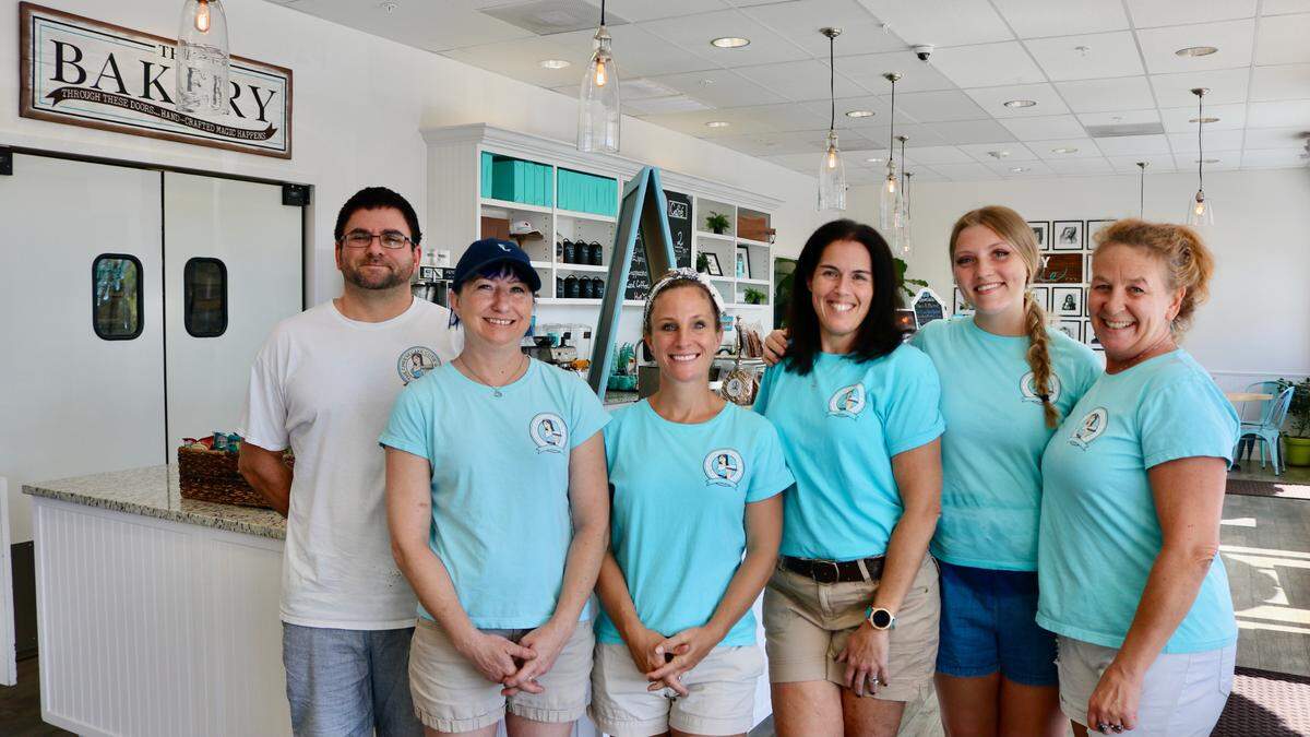 6/1/2021--The Cheesecake Cutie & Cafe opened at 3324 E. Bay Drive, Holmes Beach, in November. In addition to its cheesecakes, the cafe is now serving breakfast and lunch. Shown above is the staff: (from left) Kane Geils, Caroline Kaye, Devan Maize, Jennifer Geils, Amanda White and Lauren Welton.
