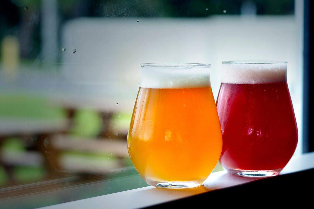Left to right: “Proof of Concept” (a hazy India Pale Ale) and “Dessert Station: Cherry Pie” (a fruit-loaded Berliner Weisse) are on tap at Corporate Ladder Brewing Company in Palmetto.