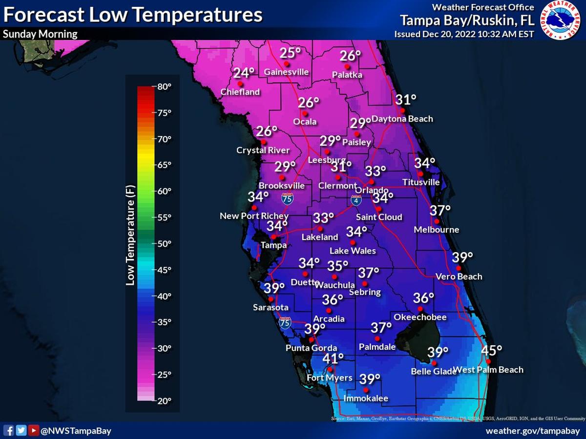 Forecast low temperatures for Christmas morning