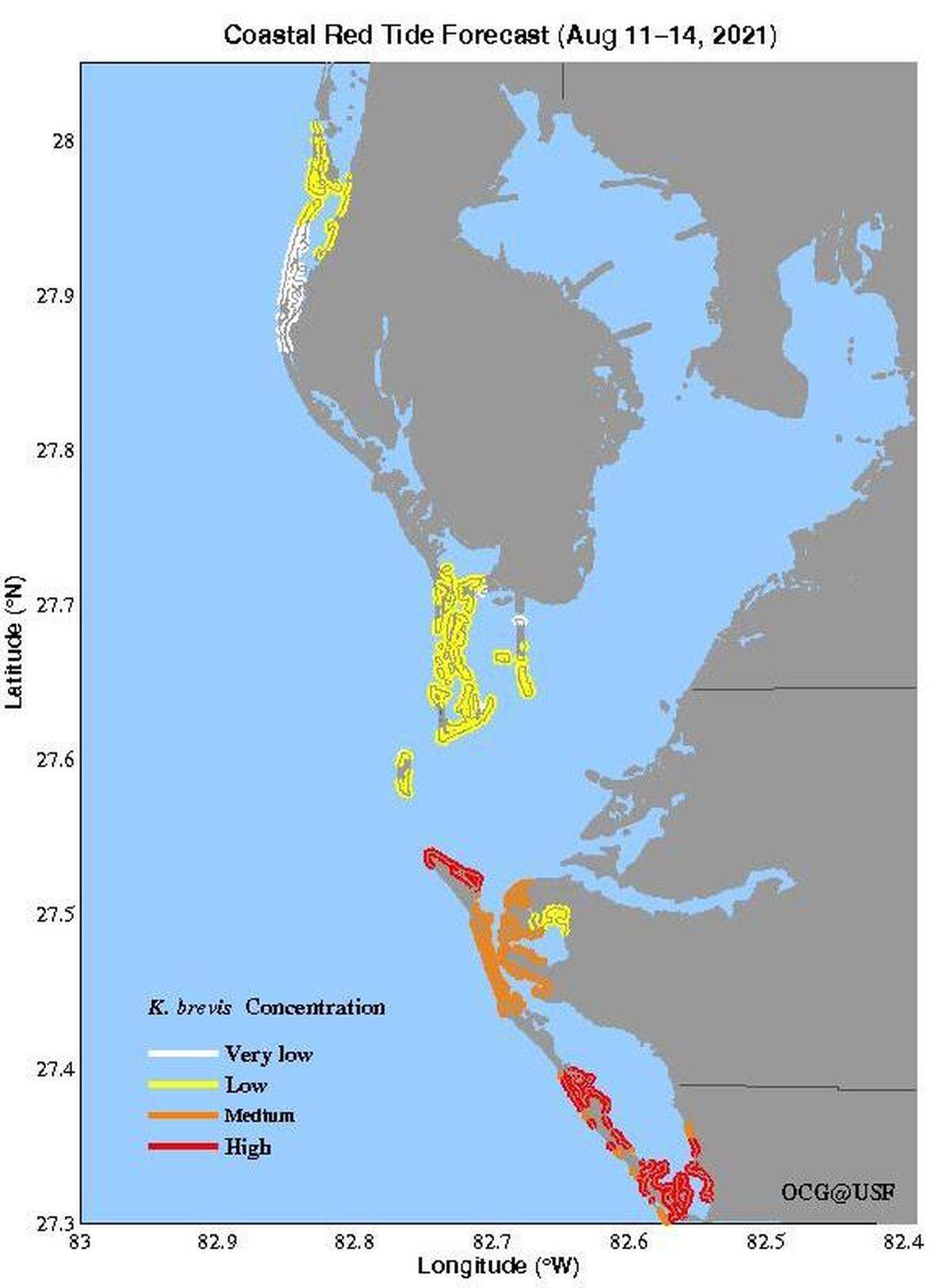 This coastal red tide forecast produced by the University of South Florida and the Florida Wildlife Research Institute show that bloom concentrations of red tide (medium and above) could linger around Manatee County into the weekend.