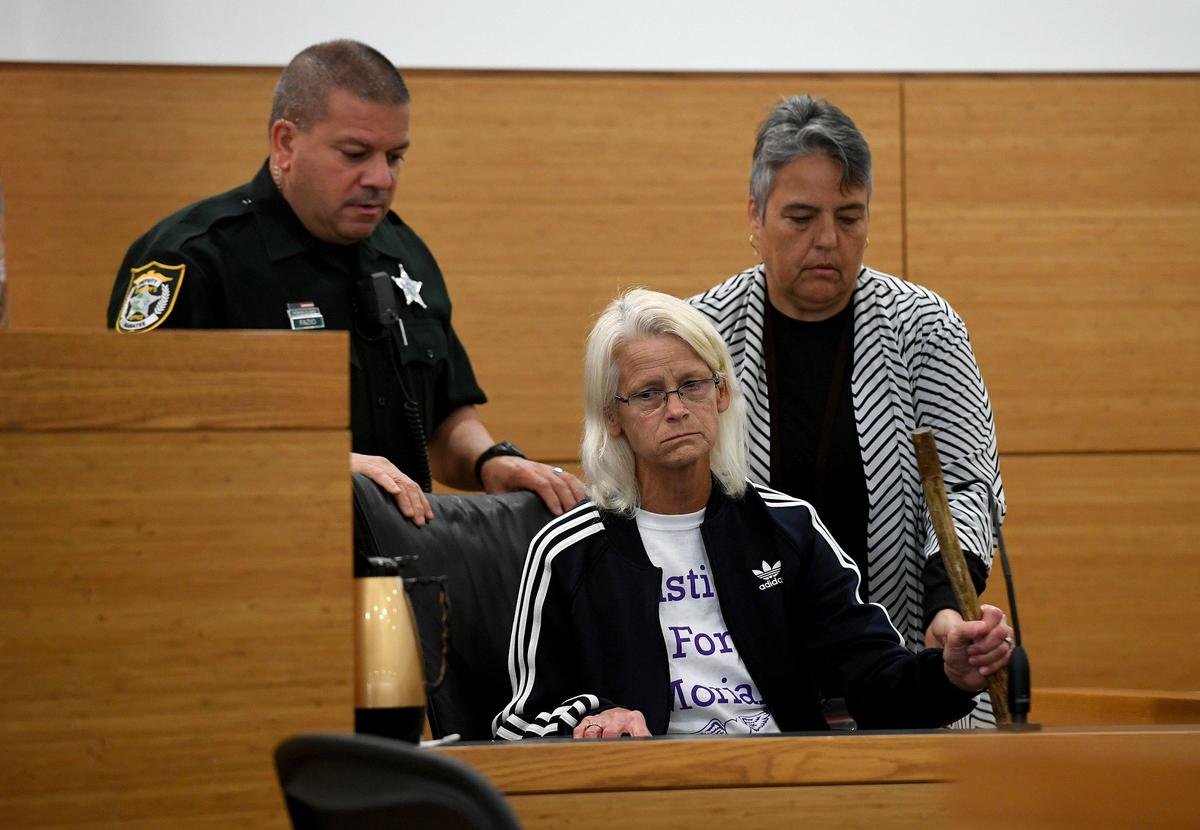 Janet Goode, mother of Moriah, is helped into the witness box as Devon Freeman is charged with murder in the fatal shooting of 18-year-old Moriah Hope Goode. Freeman claimed self-defense under Florida’s Stand Your Ground law with allegations that he was threatened by Goode’s boyfriend Frank Brice. Freeman just accepted a plea deal.