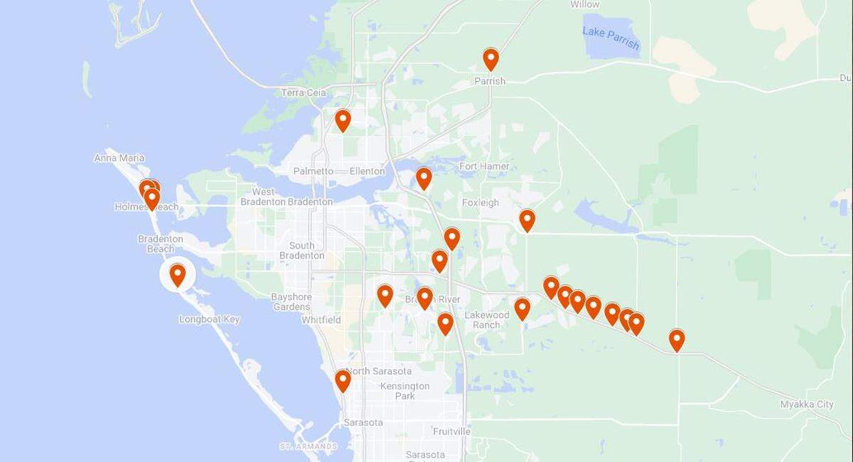 This map shows 23 planned roundabouts in Manatee County