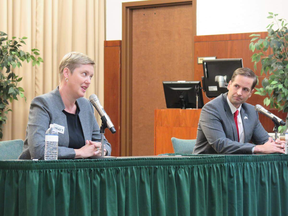 Democrat Tracy Pratt (left) said she’s running to remove special interest groups from Tallahassee and “return the government to the voice of the people.” Her opponent, Will Robinson, said he wanted to “keep Florida moving forward.”
