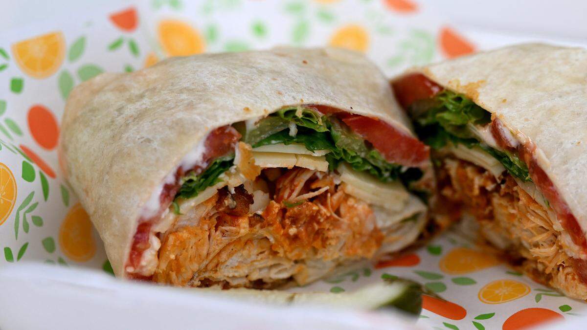 Clementine’s in downtown Bradenton specializes in natural, plant-based food with ingredients that are locally sourced. Here is the Snow Bird wrap with Buffalo breaded chicken on June 11, 2025.